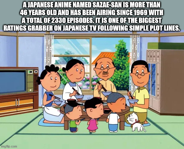 japanese anime - A Japanese Anime Named SazaeSan Is More Than 46 Years Old And Has Been Airing Since 1969 With A Total Of 2330 Episodes. It Is One Of The Biggest Ratings Grabber On Japanese Tv ing Simple Plot Lines. On imgflip.com