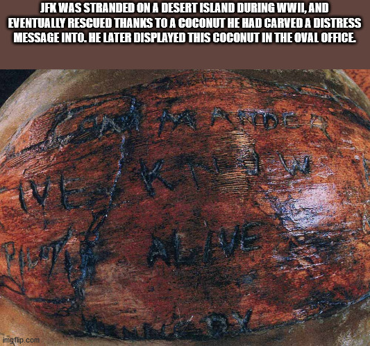 rock - Jfk Was Stranded On A Desert Island During Wwii, And Eventually Rescued Thanks To A Coconut He Had Carved A Distress Message Into. He Later Displayed This Coconut In The Oval Office Astine Eve imgflip.com