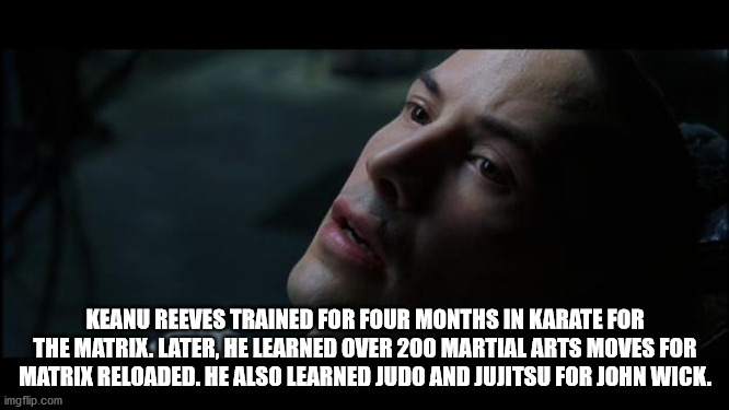 movie quotes - Keanu Reeves Trained For Four Months In Karate For The Matrix. Later, He Learned Over 200 Martial Arts Moves For Matrix Reloaded. He Also Learned Judo And Jujitsu For John Wick. imgflip.com