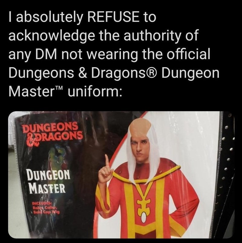 dungeon master meme - I absolutely Refuse to acknowledge the authority of any Dm not wearing the official Dungeons & Dragons Dungeon Master uniform Dungeons Pragons Dungeon Master Includes Robin Collari Bald Cap Wig