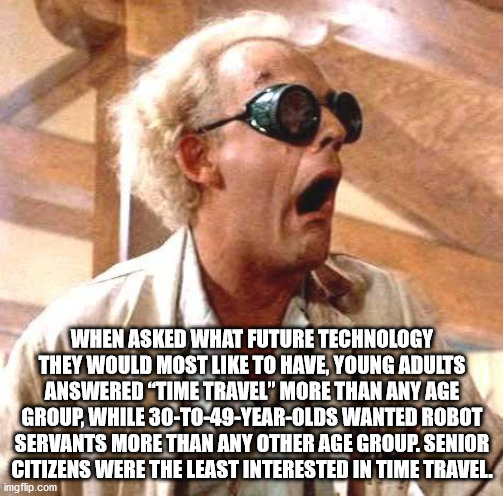 great scott meme - When Asked What Future Technology They Would Most To Have, Young Adults Answered 'Time Travel" More Than Any Age Group, While 30To49YearOlds Wanted Robot Servants More Than Any Other Age Group. Senior Citizens Were The Least Interested 