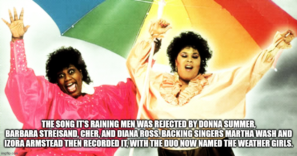 weather girls it's raining men - The Song It'S Raining Men Was Rejected By Donna Summer, Barbara Streisand, Cher, And Diana Ross. Backing Singers Martha Wash And Izora Armstead Then Recorded It, With The Duo Now Named The Weather Girls. imgflip.com