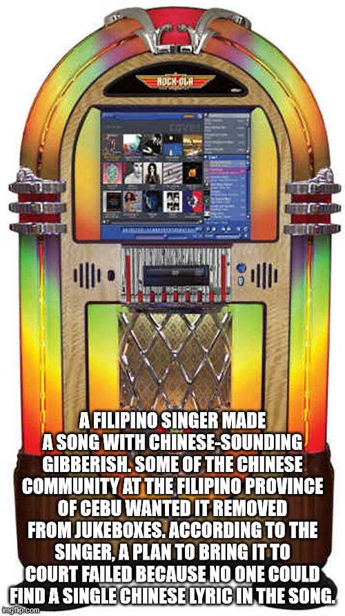 music jukebox - RochOla Ruri 18ill A Filipino Singer Made A Song With ChineseSounding Gibberish. Some Of The Chinese Community At The Filipino Province Of Cebu Wanted It Removed From Jukeboxes. According To The Singer, A Plan To Bring It To Court Failed B