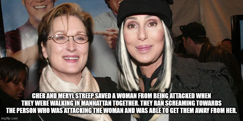 cher meryl streep - Cher And Meryl Streep Saved A Woman From Being Attacked When They Were Walking In Manhattan Together. They Ran Screaming Towards The Person Who Was Attacking The Woman And Was Able To Get Them Away From Her. imgflip.com