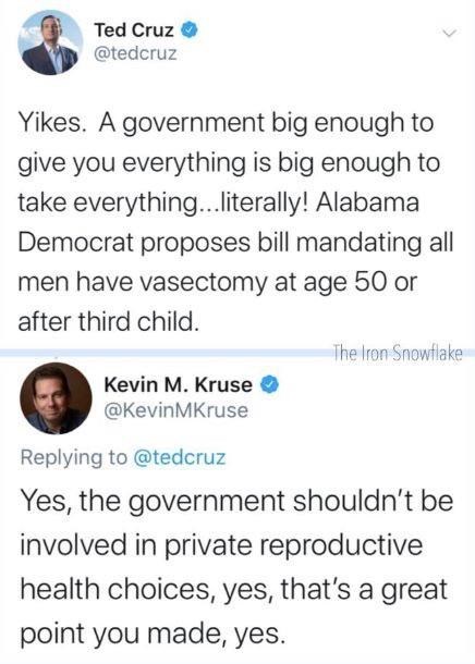 document - Ted Cruz Yikes. A government big enough to give you everything is big enough to take everything...literally! Alabama Democrat proposes bill mandating all men have vasectomy at age 50 or after third child. The Iron Snowflake Kevin M. Kruse MKrus