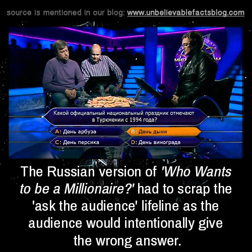 wants to be a millionaire russia ask - source is mentioned in our blog Mad 1994 ? A The Russian version of 'Who Wants to be a Millionaire?' had to scrap the " 'ask the audience' lifeline as the audience would intentionally give the wrong answer.