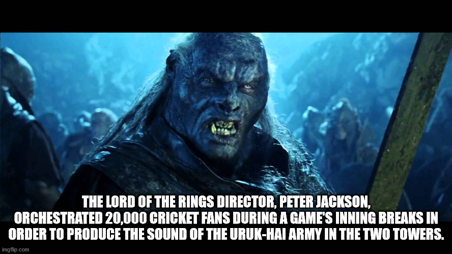 boogs back on the menu - The Lord Of The Rings Director, Peter Jackson, Orchestrated 20,000 Cricket Fans During A Game'S Inning Breaks In Order To Produce The Sound Of The UrukHai Army In The Two Towers. imgflip.com