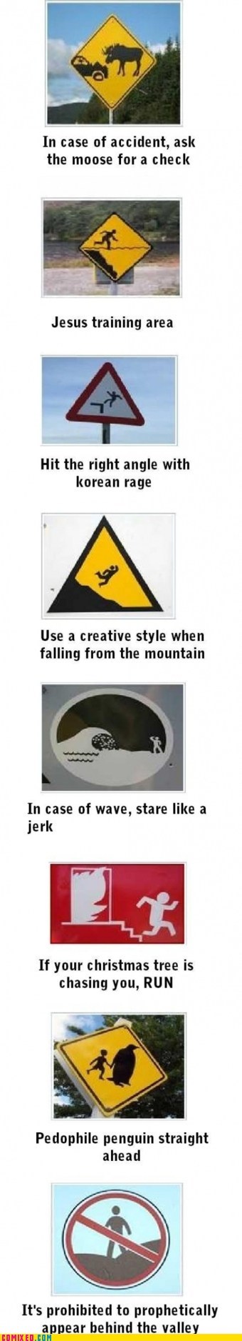 misunderstood signs in community - In case of accident, ask the moose for a check Jesus training area Hit the right angle with korean rage Use a creative style when falling from the mountain In case of wave, stare a jerk If your christmas tree is chasing 