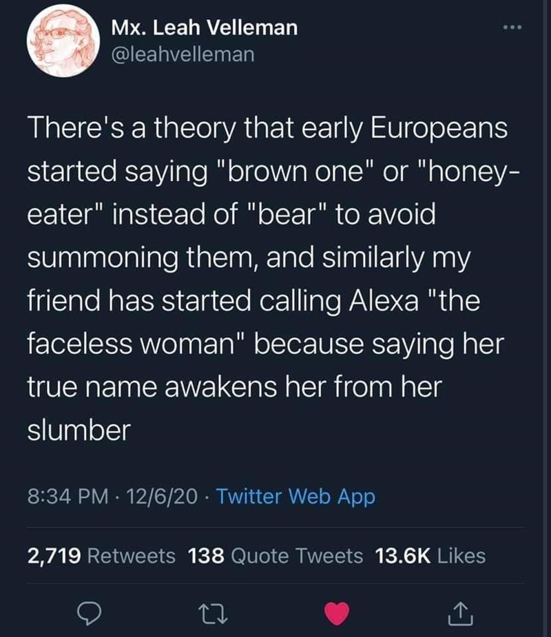 personality tweets - Mx. Leah Velleman There's a theory that early Europeans started saying "brown one" or "honey eater" instead of "bear" to avoid summoning them, and similarly my friend has started calling Alexa "the faceless woman" because saying her t
