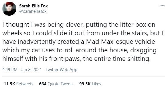 rip jk rowling twitter - Doo Sarah Ellis Fox I thought I was being clever, putting the litter box on wheels so I could slide it out from under the stairs, but I have inadvertently created a Mad Maxesque vehicle which my cat uses to roll around the house, 