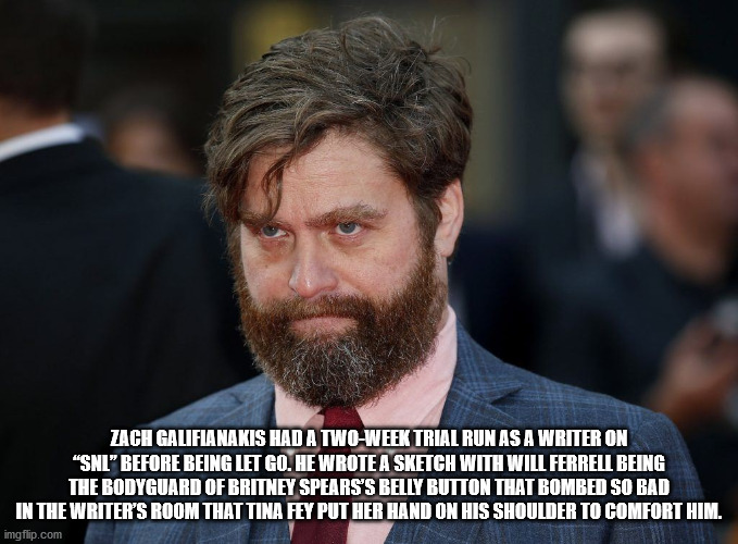 celebrities past lives - Zach Galifia Nakis Had A TwoWeek Trial Run As A Writer On "Snl Before Being Let Go. He Wrote A Sketch With Will Ferrell Being The Bodyguard Of Britney Spears'S Belly Button That Bombed So Bad In The Writer'S Room That Tina Fey Put