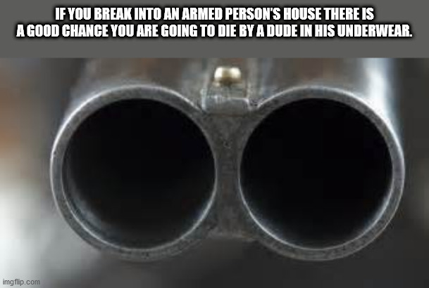 double barrel shotgun pointed at you - If You Break Into An Armed Person'S House There Is A Good Chance You Are Going To Die By A Dude In His Underwear. imgflip.com