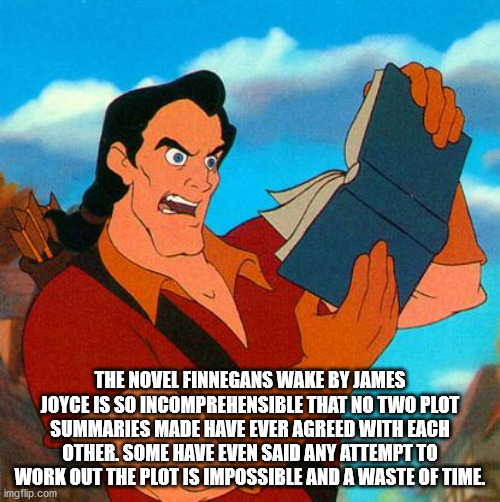 gaston reading meme - The Novel Finnegans Wake By James Joyce Is So Incomprehensible That No Two Plot Summaries Made Have Ever Agreed With Each Other. Some Have Even Said Any Attempt To Work Out The Plot Is Impossible And A Waste Of Time. imgflip.com