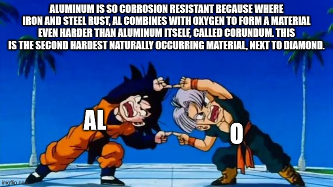 dragon ball z fusion - Aluminum Is So Corrosion Resistant Because Where Iron And Steel Rust, Al Combines With Oxygen To Form A Material Even Harder Than Aluminum Itself, Called Corundum. This Is The Second Hardest Naturally Occurring Material, Next To Dia