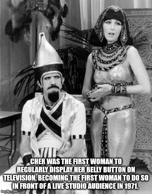 monochrome photography - Cher Was The First Woman To Regularly Display Her Belly Button On Television, Becoming The First Woman To Do So In Front Of A Live Studio Audience In 1971. imgflip.com