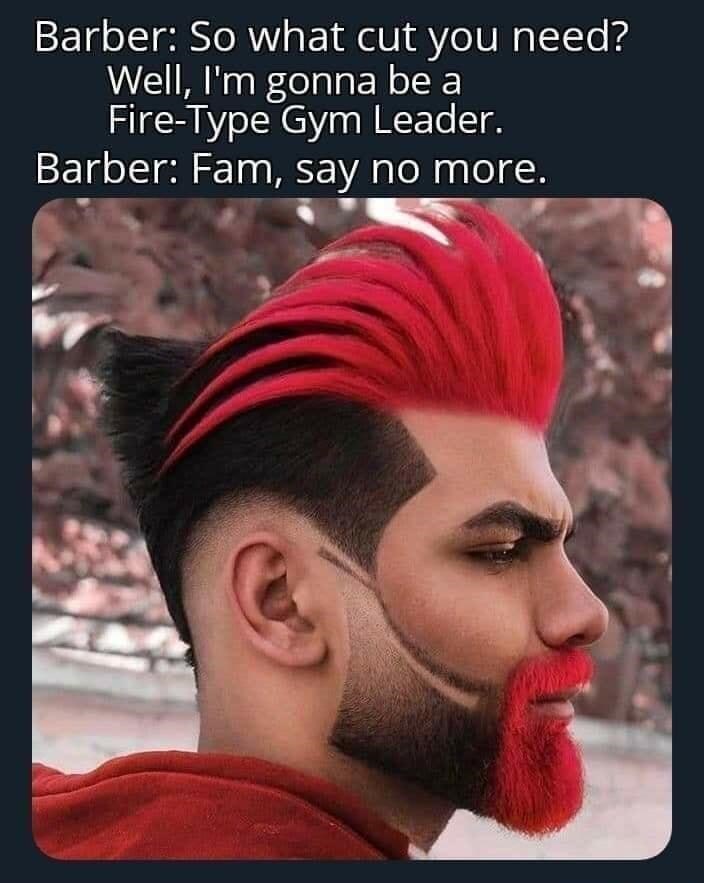 gaming memes and pics - if strike industries was a person - Barber So what cut you need? Well, I'm gonna be a FireType Gym Leader. Barber Fam, say no more.