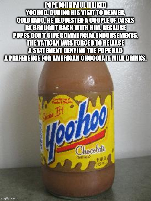 yoohoo drink - Pope John Paul Ii d Yoohoo. During His Visit To Denver, Colorado, He Requested A Couple Of Cases Be Brought Back With Him. Because Popes Dont Give Commercial Endorsements, The Vatican Was Forced To Release A Statement Denying The Pope Had A