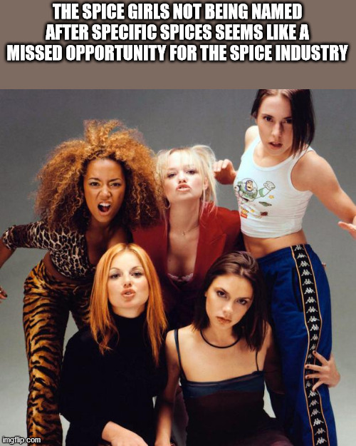 linkin park vs spice girls - The Spice Girls Not Being Named After Specific Spices Seems A Missed Opportunity For The Spice Industry imgflip.com