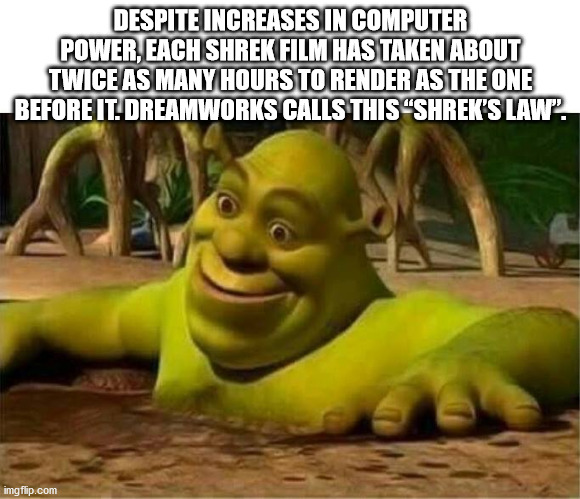 shrek meme - Despite Increases In Computer Power, Each Shrek Film Has Taken About Twice As Many Hours To Render As The One Before It. Dreamworks Calls This "Shrek'S Law". imgflip.com