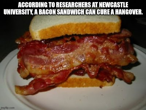 bacon sandwich - According To Researchers At Newcastle University, A Bacon Sandwich Can Cure A Hangover. imgflip.com