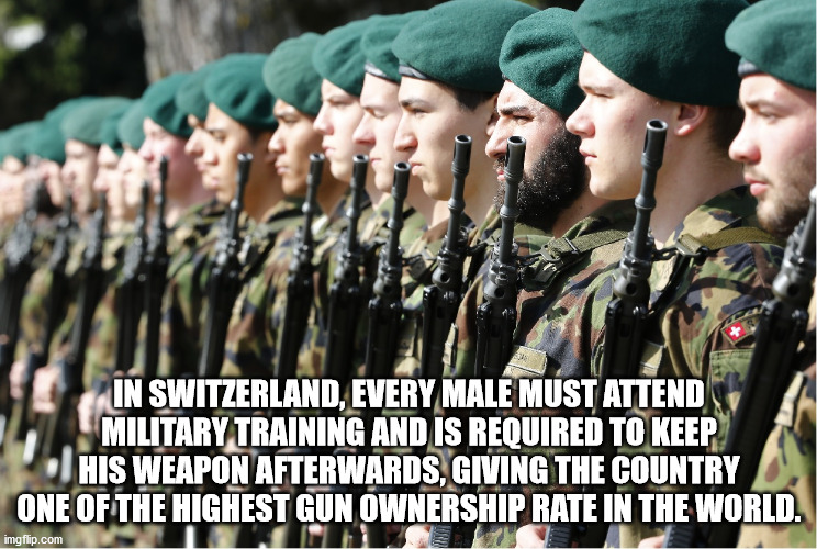 In Switzerland, Every Male Must Attend Military Training And Is Required To Keep His Weapon Afterwards, Giving The Country One Of The Highest Gun Ownership Rate In The World. imgflip.com