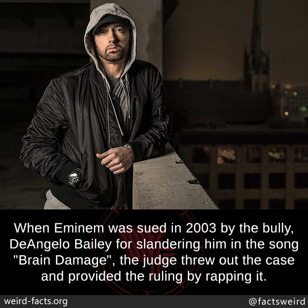 eminem deangelo bailey - When Eminem was sued in 2003 by the bully, DeAngelo Bailey for slandering him in the song "Brain Damage", the judge threw out the case and provided the ruling by rapping it. weirdfacts.org