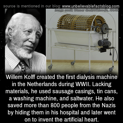 willem kolff dialysis machine - source is mentioned in our blog Image credit Wemer Gro Wikimedia, Knaw Willem Kolff created the first dialysis machine in the Netherlands during Wwii. Lacking materials, he used sausage casings, tin cans, a washing machine,