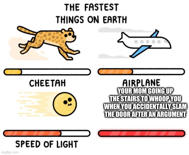 cheetah airplane speed of light - The Fastest Things On Earth Cheetah Airplane Your Mom Going Up The Stairs To Whoop You When You Accidentally Slam The Door After An Argument Speed Of Light imgflip.com