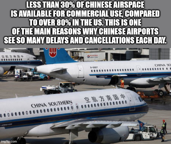 airline - Less Than 30% Of Chinese Airspace Is Available For Commercial Use, Compared To Over 80% In The Us. This Is One Of The Main Reasons Why Chinese Airports See So Many Delays And Cancellations Each Day. % China So China Southern imgflip.com