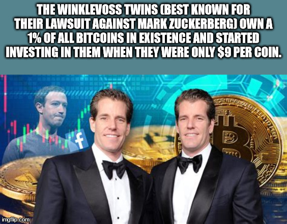 entrepreneur - The Winklevoss Twins Best Known For Their Lawsuit Against Mark Zuckerberg Own A 1% Of All Bitcoins In Existence And Started Investing In Them When They Were Only $9 Per Coin. f Lu imgflip.com