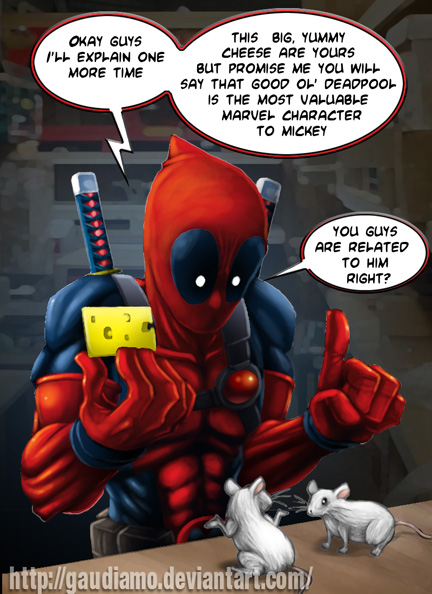 cartoon - Okay Guys I'Ll Explain One More Time This Big, Yummy Cheese Are Yours But Promise Me You Will Say That Good Ol' Deadpool Is The Most Valuable Marvel Character To Mickey You Guys Are Related To Him Right?