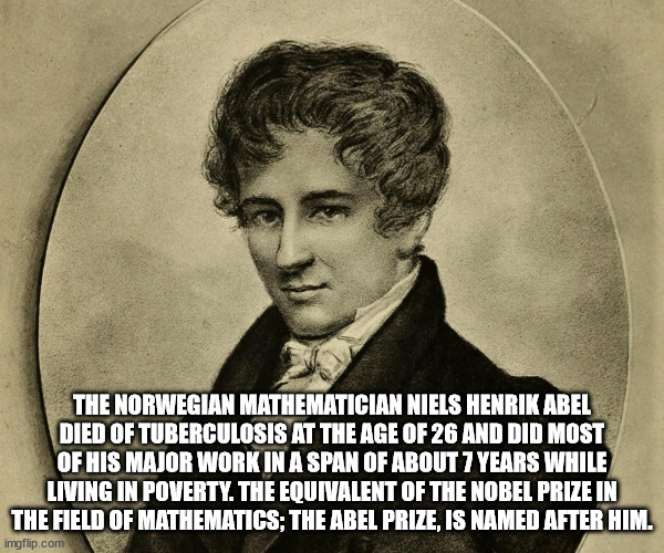 human behavior - The Norwegian Mathematician Niels Henrik Abel Died Of Tuberculosis At The Age Of 26 And Did Most Of His Major Work In A Span Of About 7 Years While Living In Poverty. The Equivalent Of The Nobel Prize In The Field Of Mathematics; The Abel