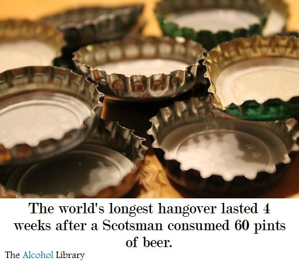 Bottle - The world's longest hangover lasted 4 weeks after a Scotsman consumed 60 pints of beer. The Alcohol Library