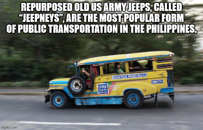 commercial vehicle - Repurposed Old Us Army Jeeps, Called Jeepneys, Are The Most Popular Form Of Public Transportation In The Philippines. Baguio Plaza Aurora Hills ABU476 Ltfrb. Case Ne 1967 imgflip.com