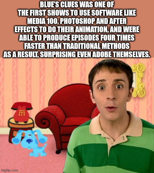 steve from blues clues - Blue'S Clues Was One Of The First Shows To Use Software Media 100, Photoshop And After Effects To Do Their Animation, And Were Able To Produce Episodes Four Times Faster Than Traditional Methods As A Result, Surprising Even Adobe 