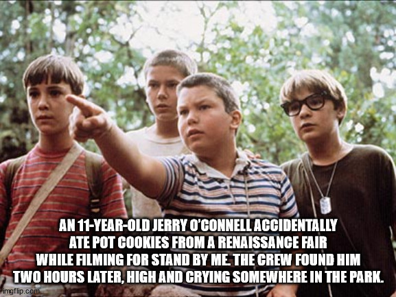 stand by me film - An 11YearOld Jerry O'Connell Accidentally Ate Pot Cookies From A Renaissance Fair While Filming For Stand By Me The Crew Found Him Two Hours Later, High And Crying Somewhere In The Park. imgflip.com