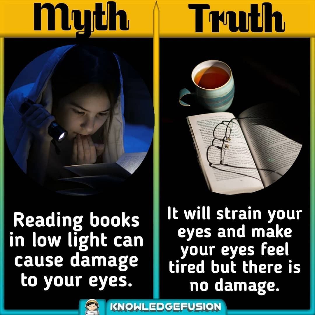 photo caption - myth Truth Reading books in low light can cause damage to your eyes. It will strain your eyes and make your eyes feel tired but there is no damage. Knowledgefusion