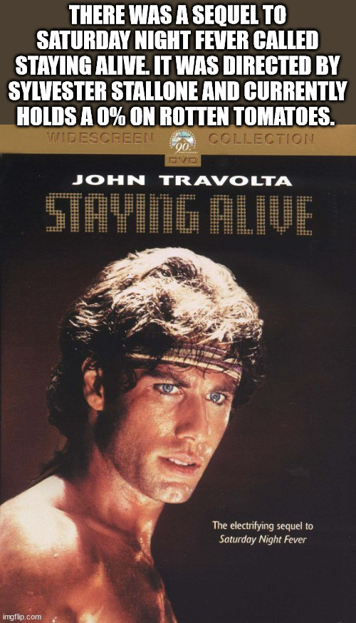 Staying Alive - There Was A Sequel To Saturday Night Fever Called Staying Alive. It Was Directed By Sylvester Stallone And Currently Holds A 0% On Rotten Tomatoes. Widescreen Collection 90 John Travolta Stamg Alue The electrifying sequel to Saturday Night