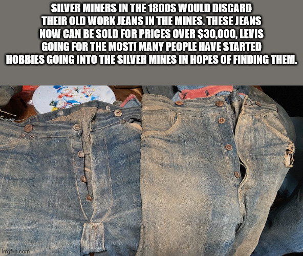 denim - Silver Miners In The 1800S Would Discard Their Old Work Jeans In The Mines. These Jeans Now Can Be Sold For Prices Over $30,000, Levis Going For The Most! Many People Have Started Hobbies Going Into The Silver Mines In Hopes Of Finding Them. imgfl