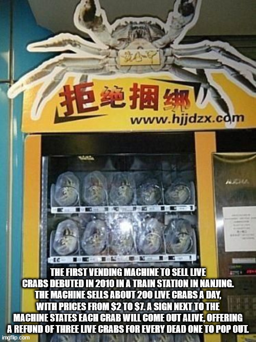 E de tam The First Vending Machine To Sell Live Crabs Debuted In 2010 In A Train Station In Nanjing. The Machine Sells About 200 Live Crabs A Day, With Prices From $2 To $7. A Sign Next To The Machine States Each Crab Will Come Out Alive, Offering A Refun