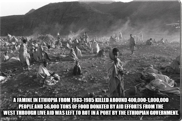 war - A Famine In Ethiopia From 19831985 Killed Around 400,0001,000,000 People And 56,000 Tons Of Food Donated By Aid Efforts From The West Through Live Aid Was Left To Rot In A Port By The Ethiopian Government imgflip.com