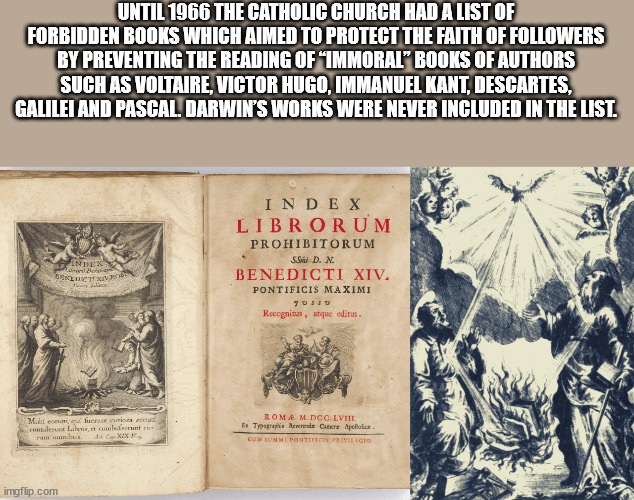 book - Until 1966 The Catholic Church Had A List Of Forbidden Books Which Aimed To Protect The Faith Of ers By Preventing The Reading Of "Immoral" Books Of Authors Such As Voltaire, Victor Hugo, Immanuel Kant, Descartes, Galilei And Pascal. Darwin'S Works