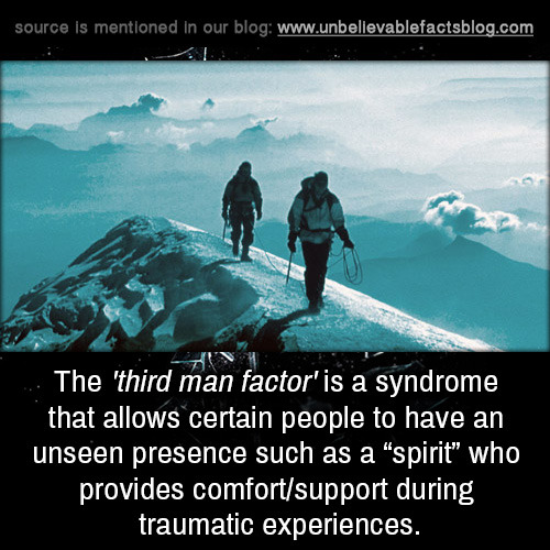 arctic - source is mentioned in our blog The 'third man factor' is a syndrome that allows certain people to have an unseen presence such as a "spirit" who provides comfortsupport during traumatic experiences.