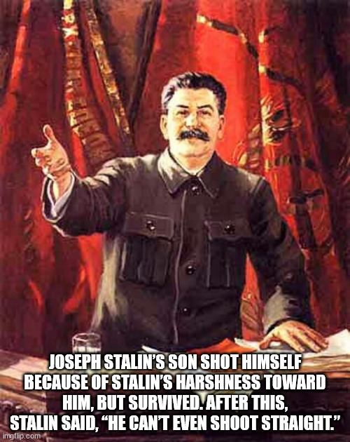 Joseph Stalin'S Son Shot Himself Because Of Stalin'S Harshness Toward Him, But Survived. After This, Stalin Said, He Cant Even Shoot Straight." imgflip.com