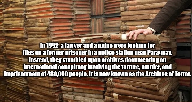 lumber - In 1992, a lawyer and a judge were looking for files on a former prisoner in a police station near Paraguay. Instead, they stumbled upon archives documenting an international conspiracy involving the torture, murder, and imprisonment of 480,000 p