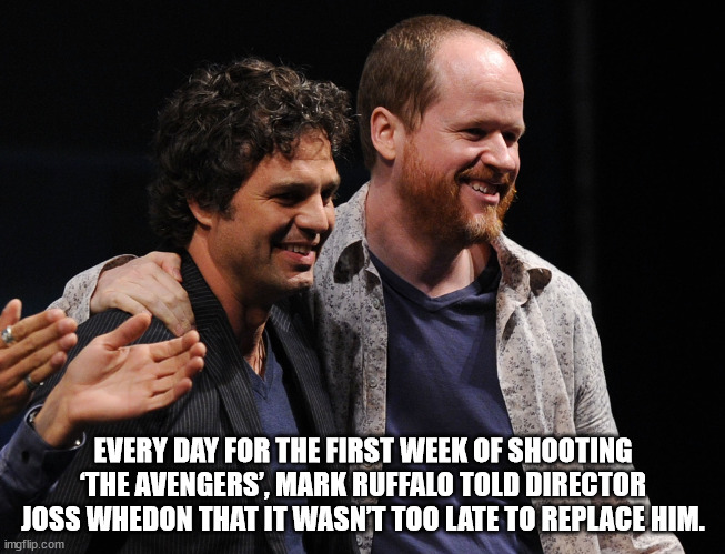 comic book facts - josh weddon and mark ruflo - Every Day For The First Week Of Shooting The Avengers, Mark Ruffalo Told Director Joss Whedon That It Wasn'T Too Late To Replace Him. imgflip.com