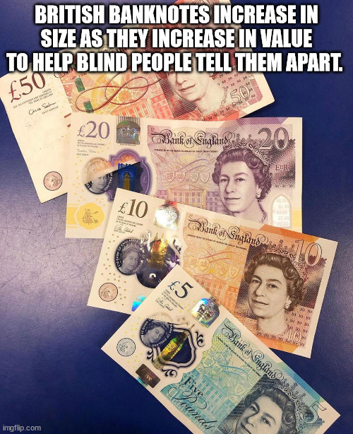 pound notes - British banknotes increase in size as they increase in value to help blind people tell them apart
