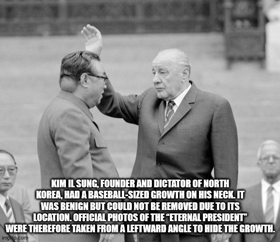kim il sung meme - Kim Il Sung, Founder And Dictator Of North Korea, Had A BaseballSized Growth On His Neck. It Was Benign But Could Not Be Removed Due To Its Location. Official Photos Of The Eternal President