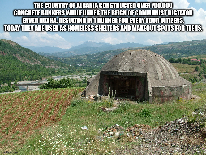 hut - The Country Of Albania Constructed Over 700,000 Concrete Bunkers While Under The Reign Of Communist Dictator Enver Hoxha, Resulting In 1 Bunker For Every Four Citizens. Today They Are Used As Homeless Shelters And Makeout Spots For Teens. Toka Deral