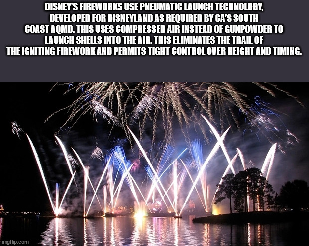 cool facts - Disney'S Fireworks Use Pneumatic Launch Technology, Developed For Disneyland As Required By Ca'S South Coast Aqmd. This Uses Compressed Air Instead Of Gunpowder To Launch Shells Into The Air. This Eliminates The Trail Of The Igniting Firework